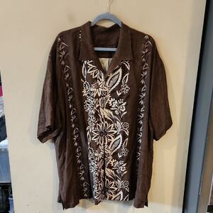 Brown Floral Embroidered Men's Shirt 100% Silk Perfect Condition